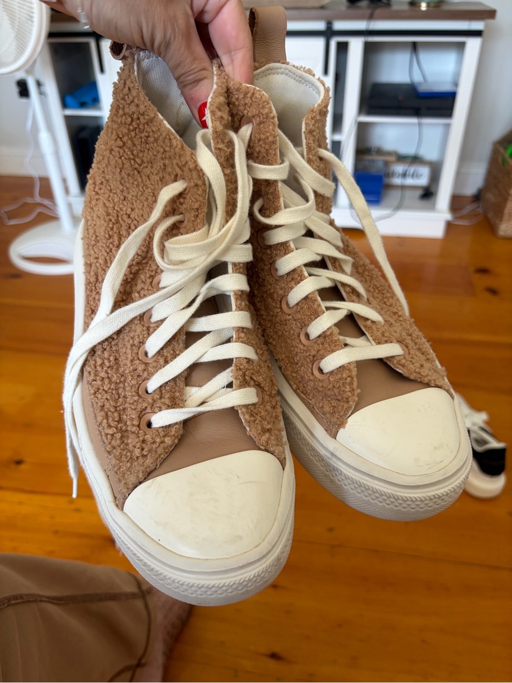 Converse womens Tan Sherpa High-Top Sneakers with White Accents - Picture 2 of 4